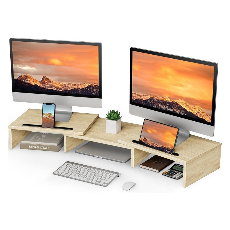 Wooden Dual Screen Computer Monitor Storage Increases Height