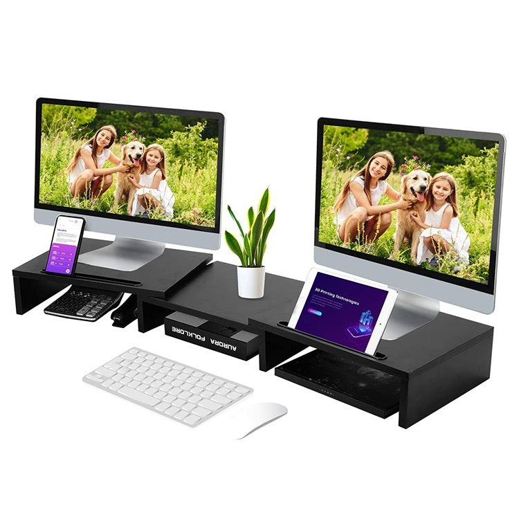 Wooden Dual Screen Computer Monitor Storage Increases Height