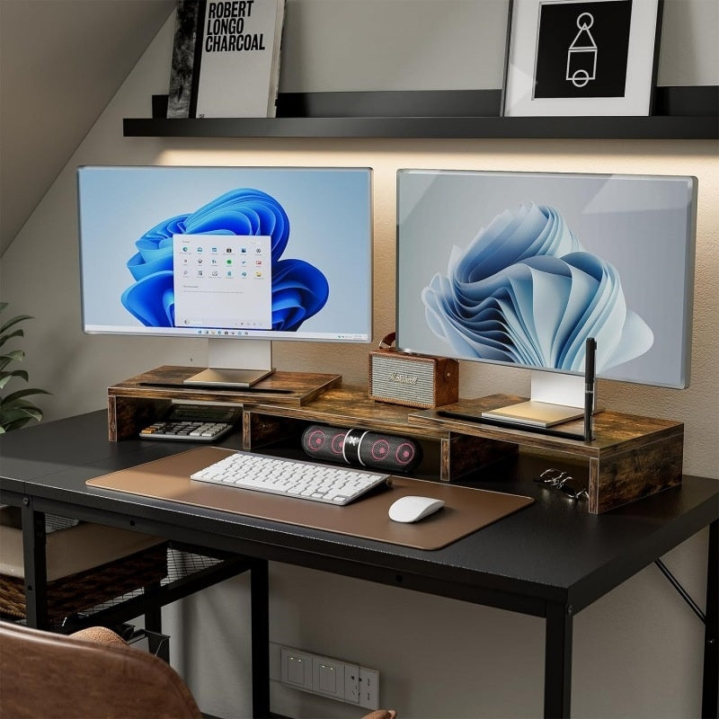 Wooden Dual Screen Computer Monitor Storage Increases Height